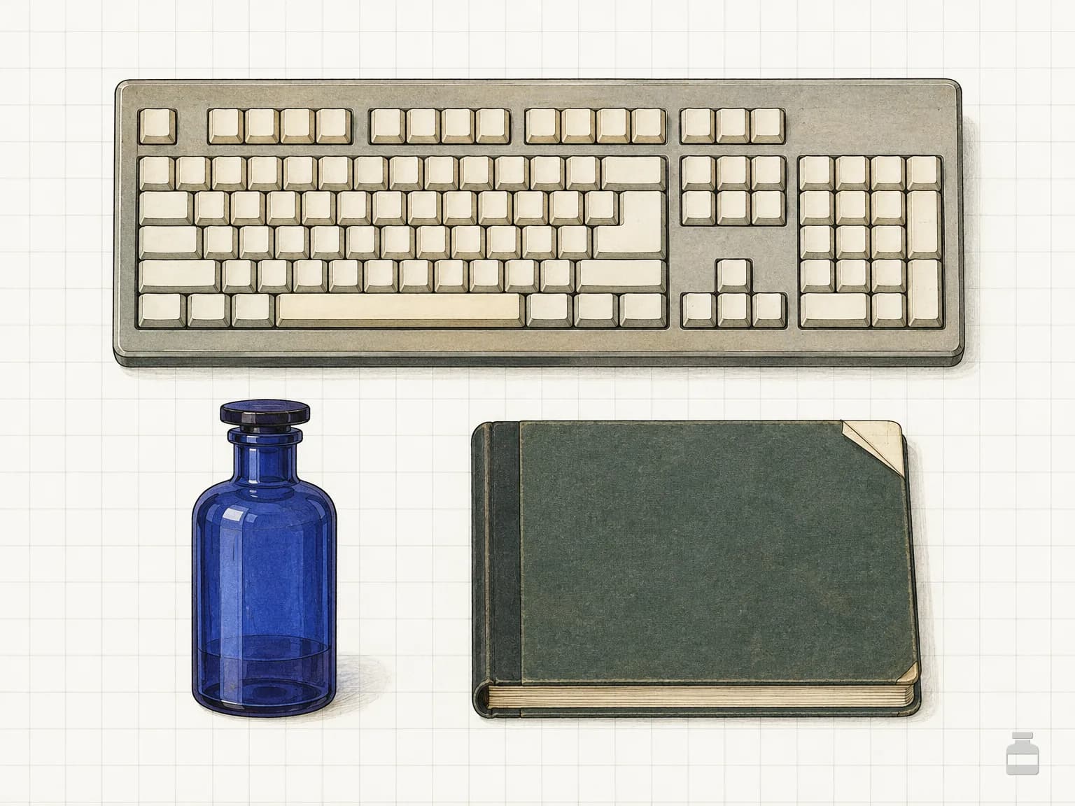 Chromolithograph of a keyboard beside a cobalt bottle and a bound notebook